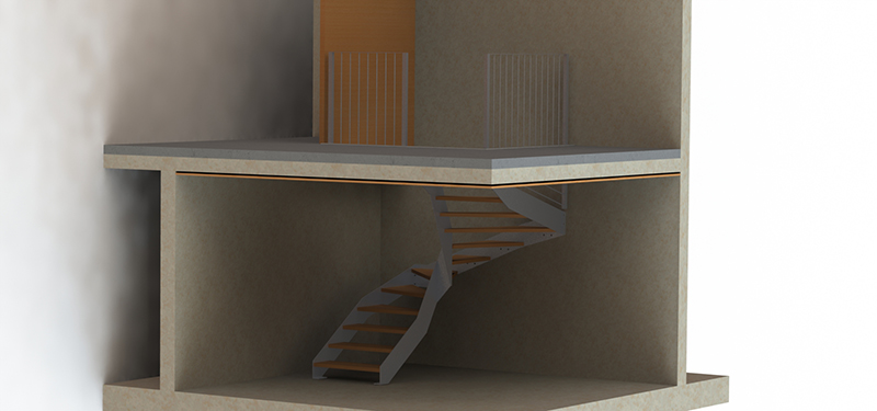 Dessin technique d'un escalier métallique intérieur en métal avec positionnement de marches en bois laqué