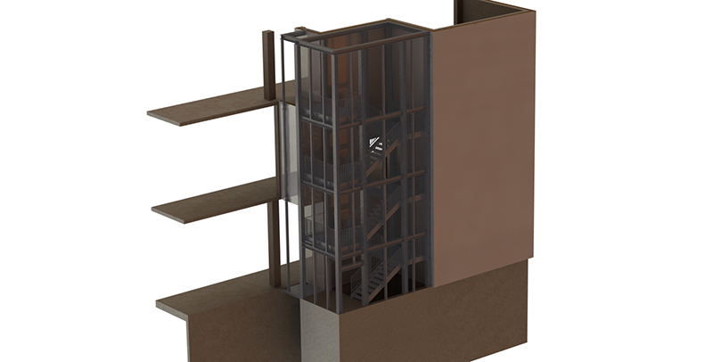 Cage d'escalier 3D de secours en métal  à l'extérieur d'un bâtiment usine dans le canton neuchâtel
