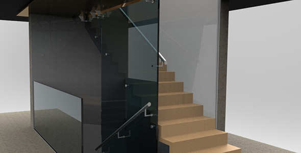Étude technique d'un escalier intérieur en métal, garde-corps en verre et finitions 