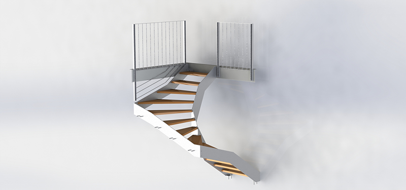 Dessin technique d'un escalier métallique, avec garde-corps en métal thermolaqué et marches en bois découpées sur mesure