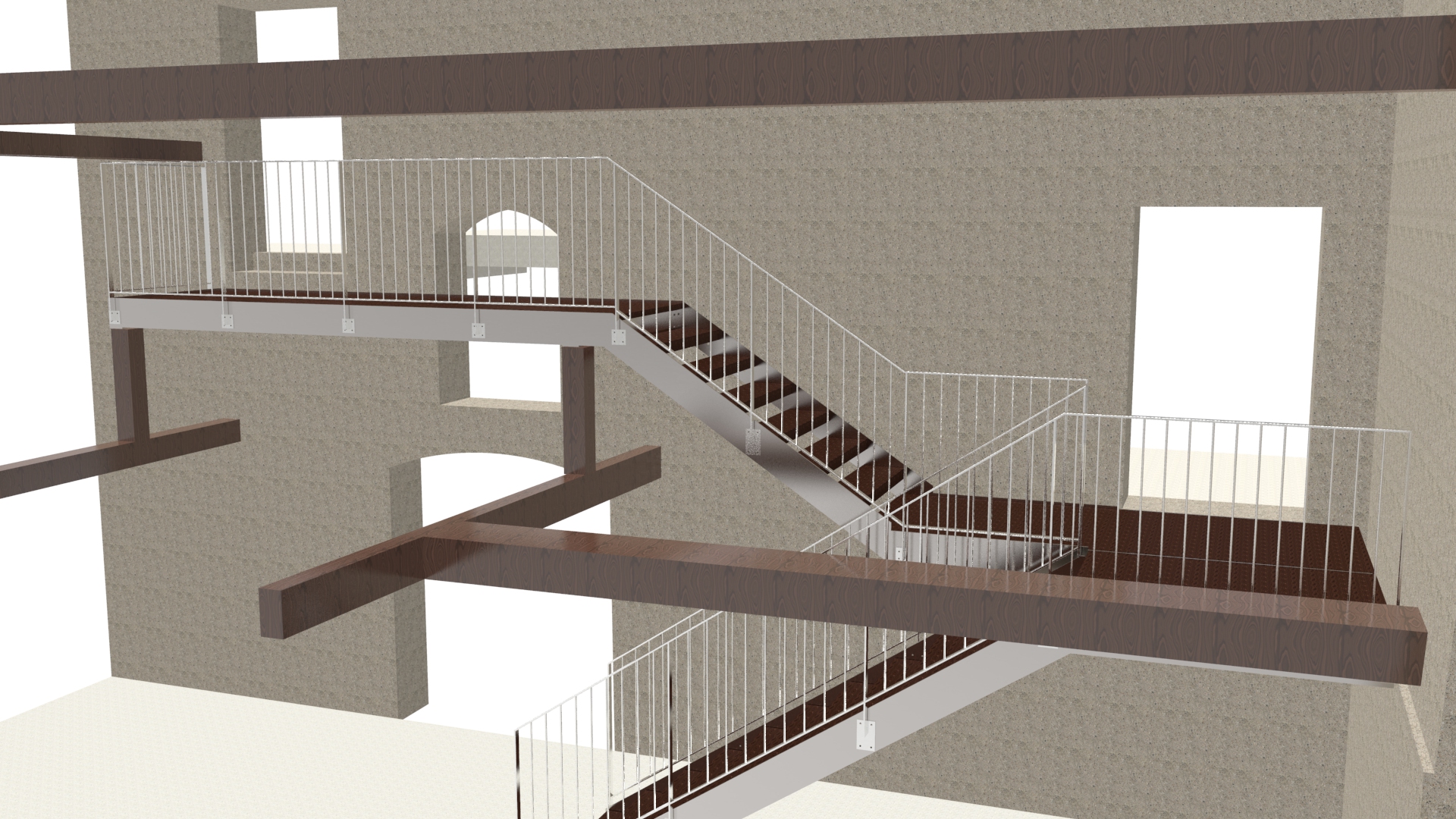 Etude 3D d'un escalier et garde-corps en métal