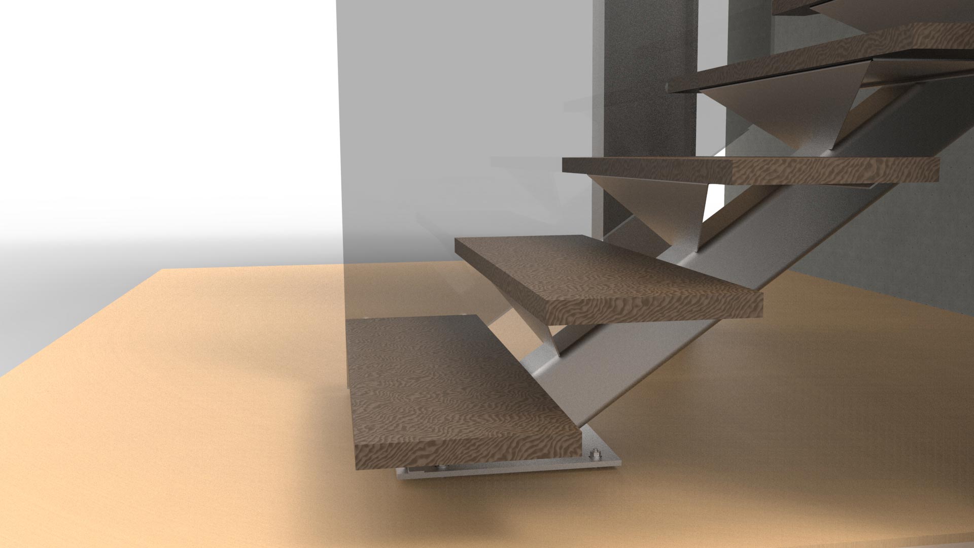 Fixation d'une marche en bois au sol