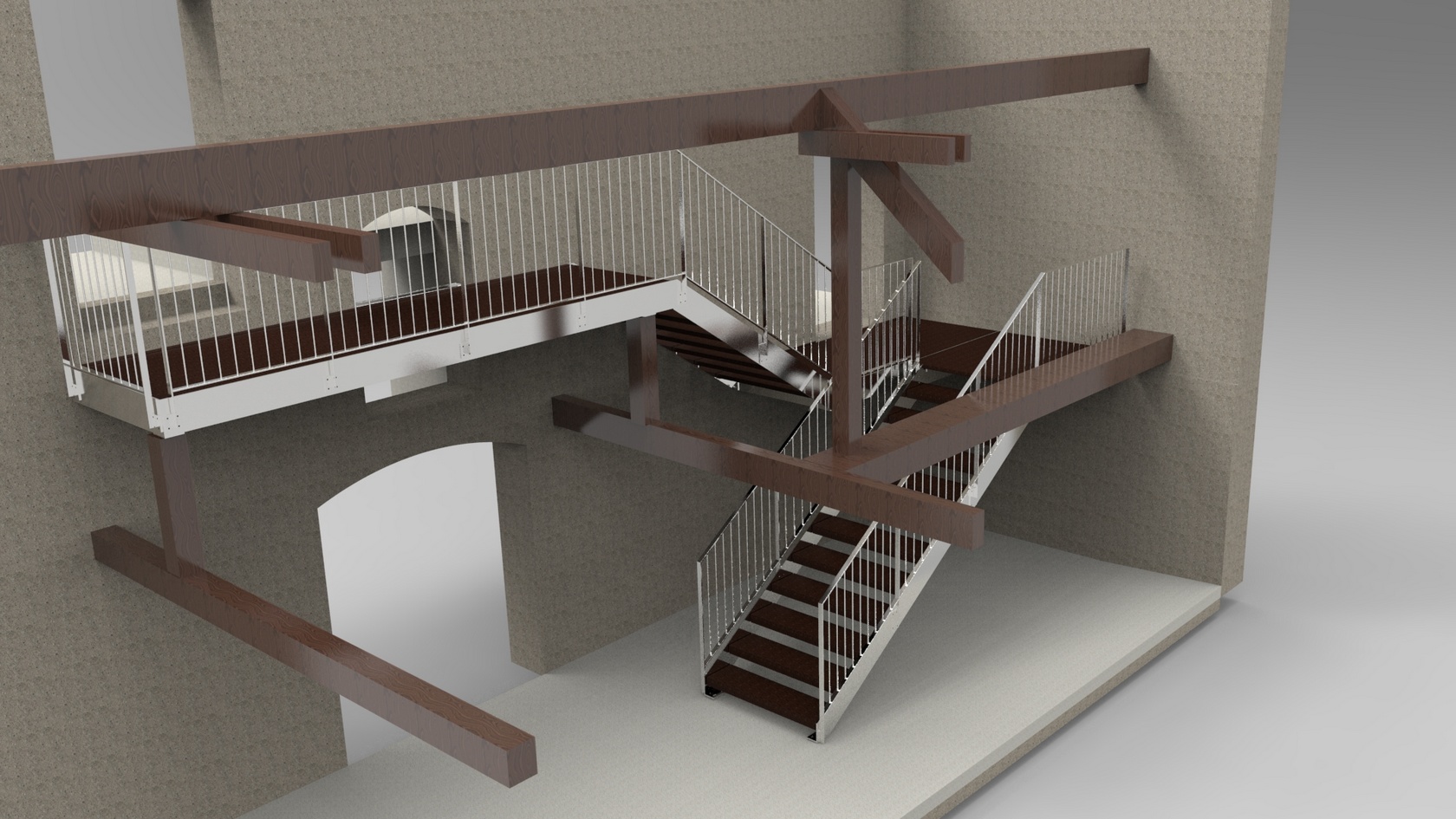 Escalier intérieur en bois et métal pour la rénovation d'une ferme